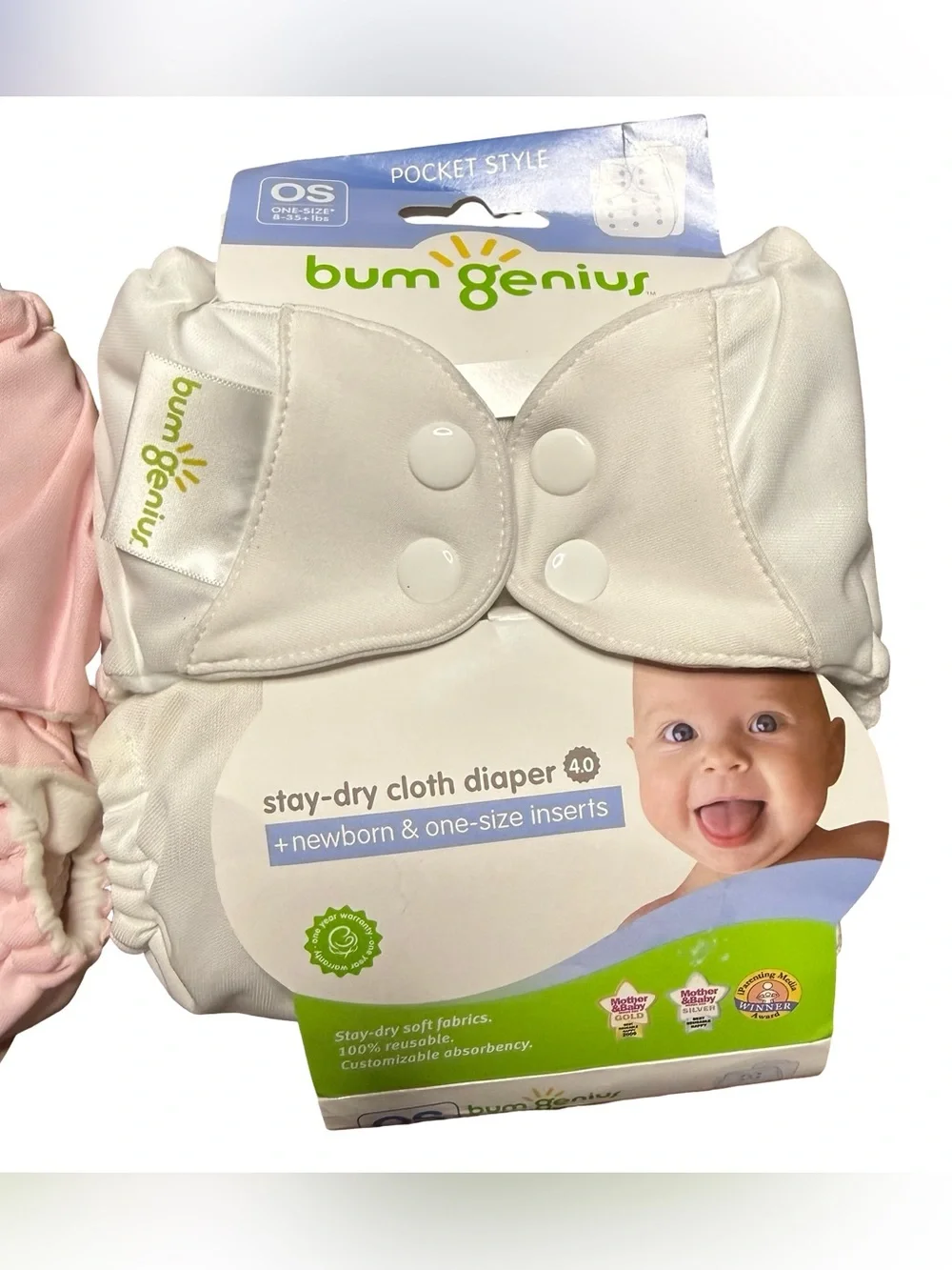 bumGenius Pocket Style Stay-Dry Cloth Diapers 2 White 1 Pink O/S 8-35 lbs new